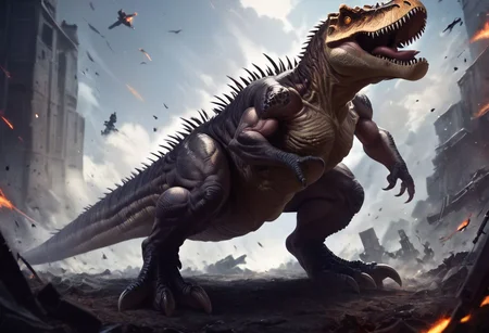 score_9, score_8_up, score_7_up, muscular dinosaur, T-rex, full body, open mouth, sharp large teeth, spikes on the head and back, four spikes on the tail, tyrannosaurus, attack, large-caliber guns on the sides of the body,