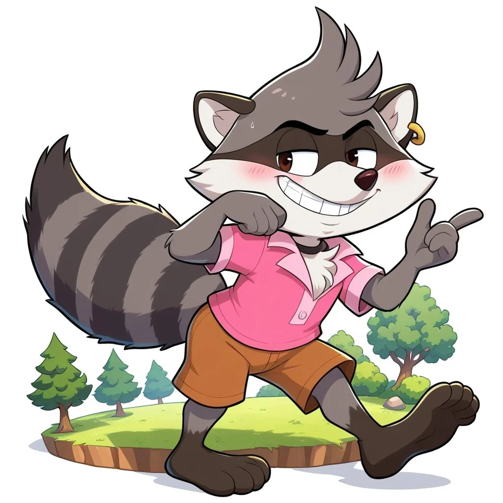 brown shorts, white background, earrings, blush, smile, 1boy, Raccoon, tree, Full Body, grin, solo, Renaldo Raccoon