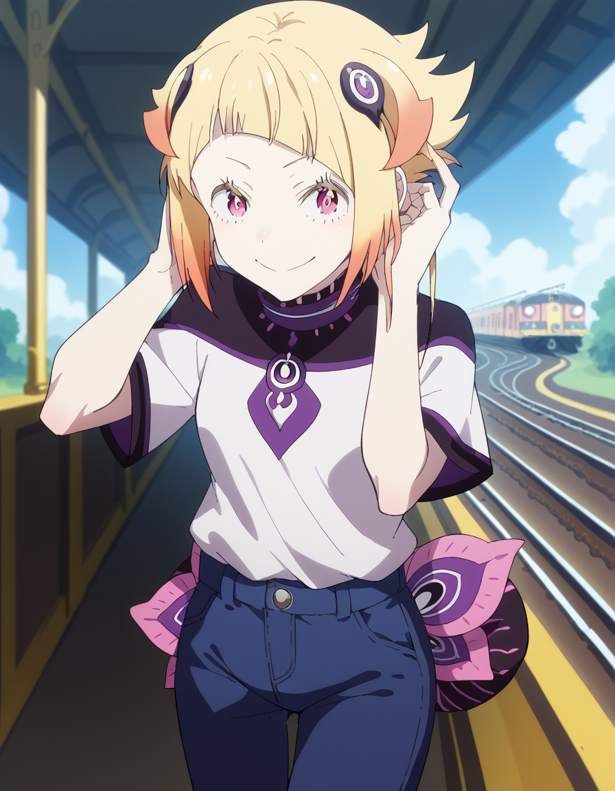 score_9, score_8_up, score_7_up, source_anime, <lora:capella-emerada-lugunica-s3-p1-ponyxl-lora-nochekaiser:1>, capella emerada lugunica, short hair, blonde hair, hair ornament, pink eyes, multicolored hair, gradient hair,, shirt, t-shirt, white shirt, pants, denim pants,, railroad tracks, rails, train, journey, long, smile, <lora:tucking-hair-ponyxl-lora-nochekaiser:1>, tucking hair, adjusting hair, hand on own hair, hair behind ear,, looking at viewer, solo,, dutch angle, cowboy shot