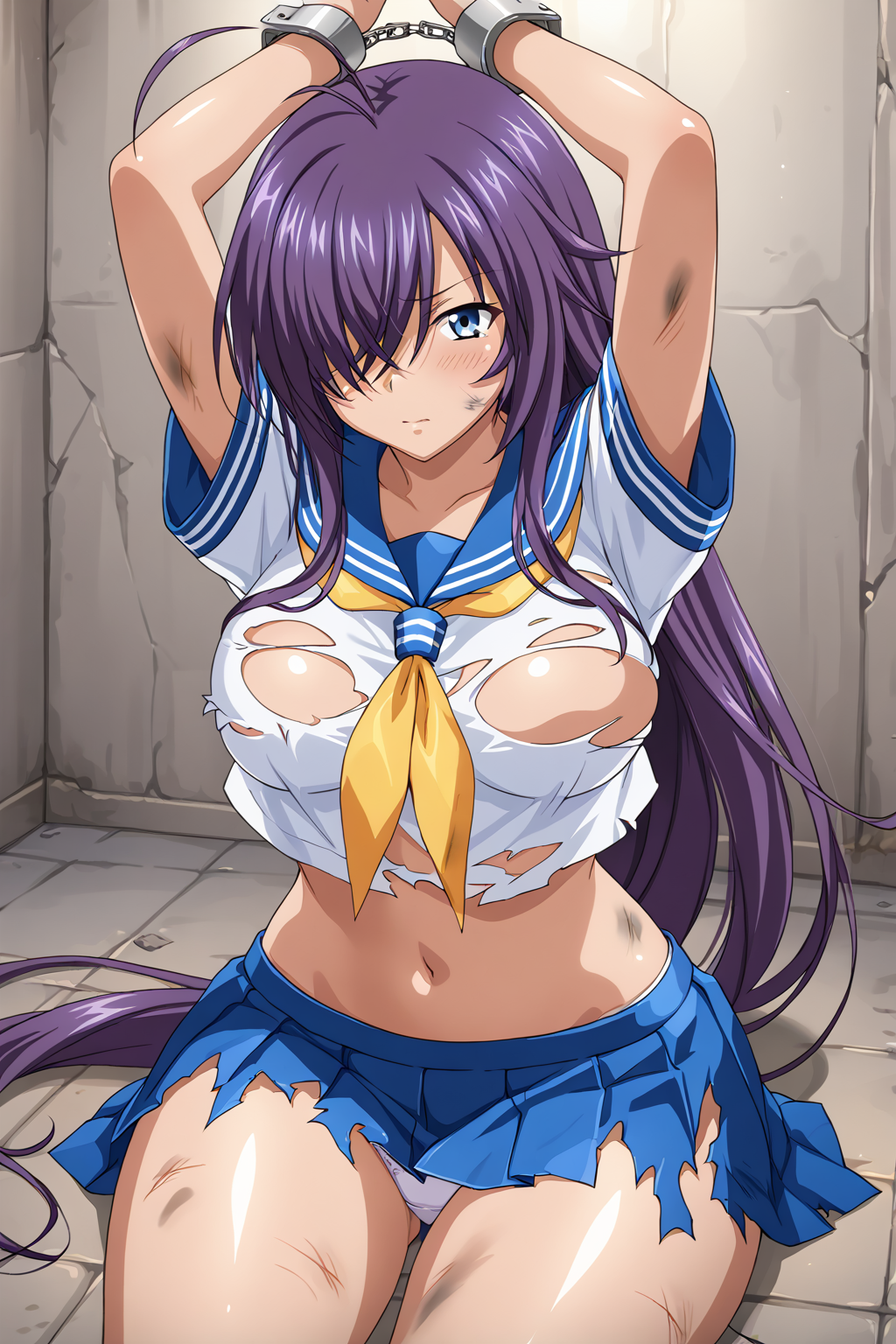 score_9, score_8_up, score_7_up, BREAK source_anime, masterpiece, anime screencap, shiny skin, thick thighs,
1girl, kan'u unchou, very long hair, ahoge, purple hair, blue eyes, hair between eyes, hair over one eye, large breasts,  <lora:kan'u_pony-000019:0.9>
serafuku, white shirt, yellow neckerchief, midriff, navel, pleated skirt, blue skirt, 
(torn shirt, torn skirt, torn clothes:1.2), white panties, (dirty clothes, dirty body:1.2),
prison,  sitting on floor, bondage, arms up cuffs, hands frame out, cowboy shot,