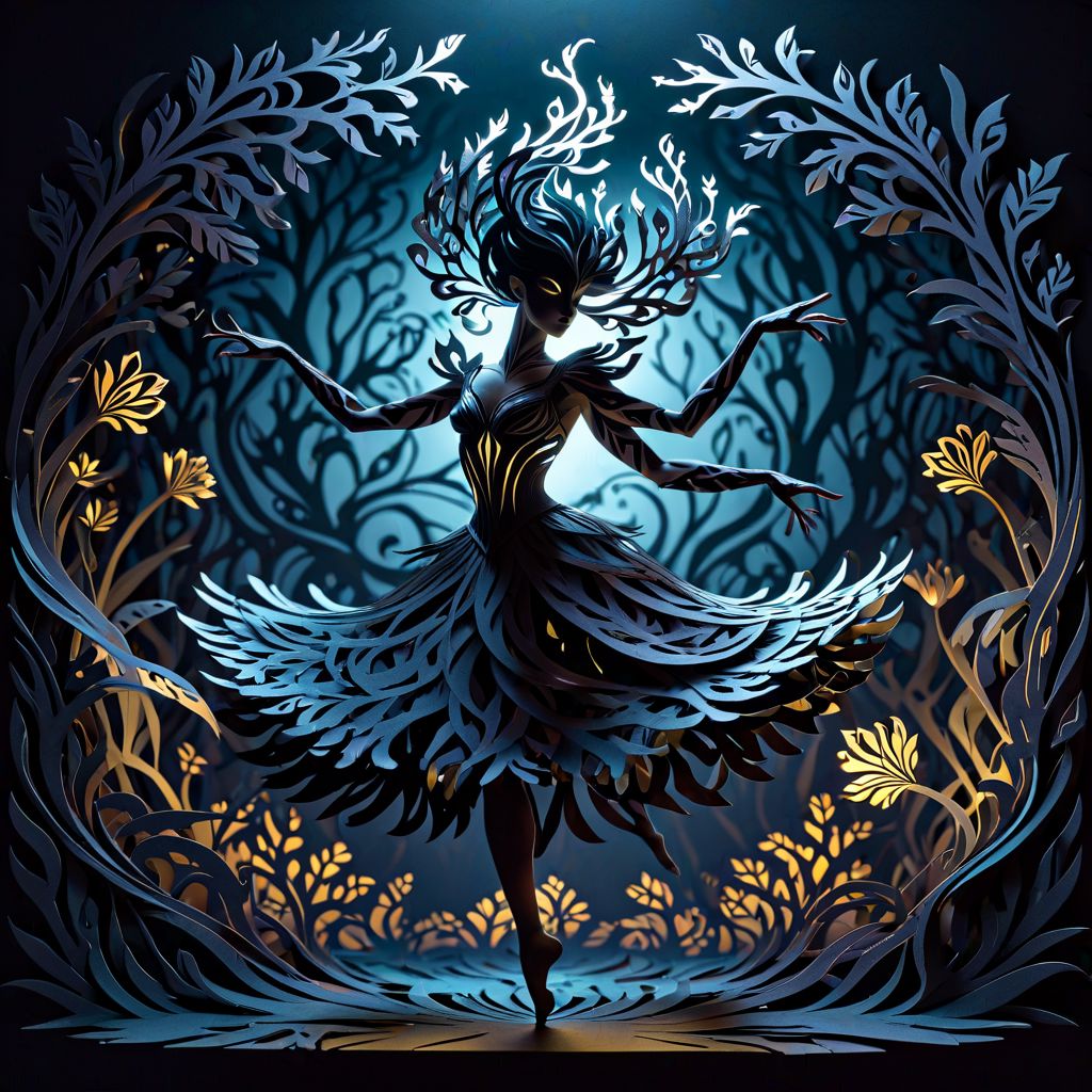 artpkplnt, illustration, dancer in the dark, 4k, uhd, warlock, masterpiece, Artpprct, in the style of papercutting