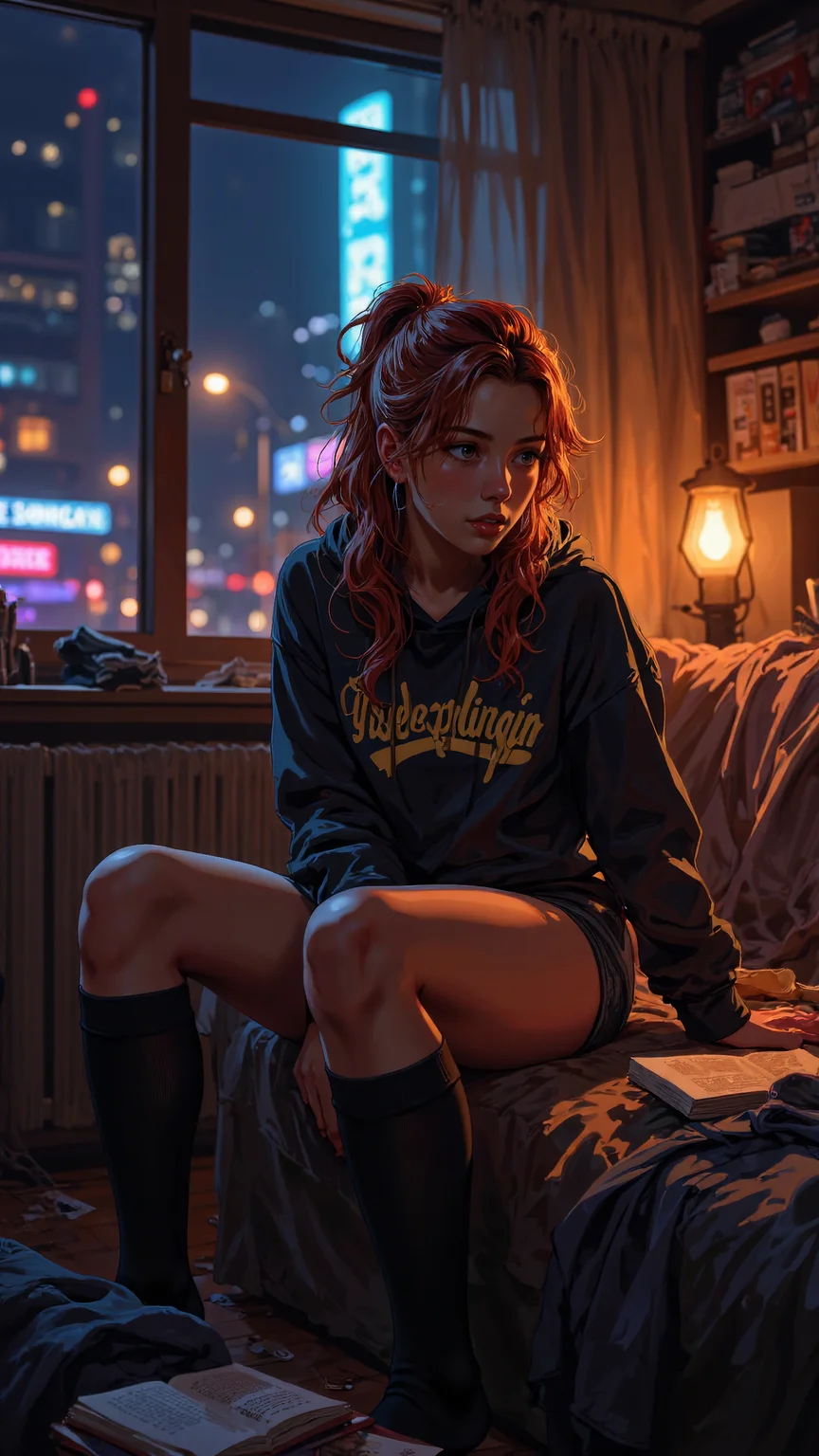 High-resolution anime-style illustration with impressionistic influences, warm painterly textures, and a dreamy, intimate atmosphere. A young woman sits on the edge of a worn-out couch in a dimly lit apartment, bathed in the soft glow of a flickering neon sign outside the window. The room has a cozy but messy feel, with scattered clothes, open books, and tangled headphone cords lying around, giving it a lived-in, youthful energy. The city skyline outside blurs into a painterly haze, distant lights casting faint reflections on the windowpane.
Her long, wavy auburn hair, styled into an effortless messy ponytail with loose strands, frames her soft, thoughtful expression. She wears an oversized graphic hoodie with the sleeves slightly pushed up, paired with snug boyshorts and knee-high socks, giving her a relaxed, carefree look. Her posture is casual, one leg folded under her, the other lightly bouncing, as if lost in thought.
The apartment’s warm and cool tones blend through soft, expressive brushstrokes, capturing the contrast between the neon city glow and the ambient light of the cluttered space. The faint hum of traffic, the distant sound of a passing train, and the soft rustle of a breeze through the slightly open window add to the intimate, nostalgic atmosphere of a quiet night alone. <lora:oilpaintzver5:0.8> <lora:ILLUSTRATION_(FLUX)_-_V3.1:0.4> <lora:Anime_v1.3:0.6>