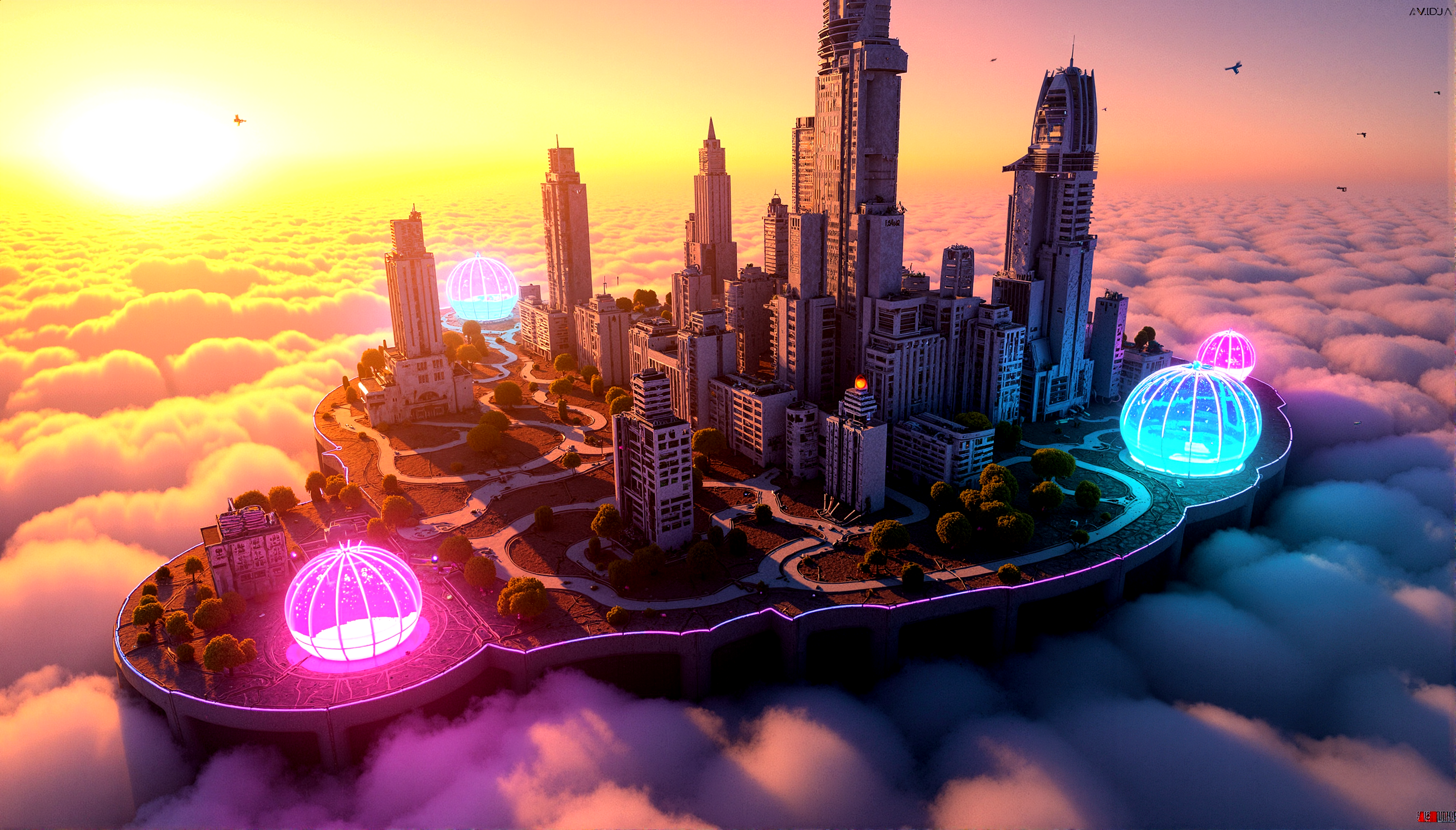 A city built on massive floating platforms above the clouds. Skyscrapers rise from the platforms, their bases shrouded in mist. The city is interconnected by sleek, transparent walkways, and the air is filled with flying vehicles and drones.Nature reclaiming parts of the city, with plants that glow with neon lights intertwined with the decaying architecture.Fields of plasma energy that distort light, creating shimmering waves of color and light around them. Random glitches in the holographic displays throughout the city, causing light to distort and break.Urban crystals that glow with a soft, inner light, embedded in the city's architecture.
A sunset that glitches and shifts in color, with rays of light that break into pixels and reform as they pass through the atmosphere.