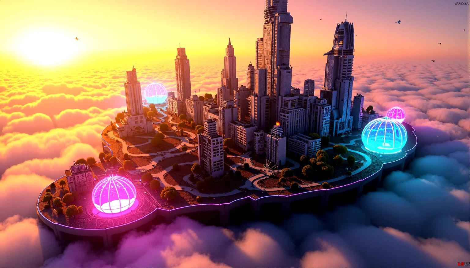 A city built on massive floating platforms above the clouds. Skyscrapers rise from the platforms, their bases shrouded in mist. The city is interconnected by sleek, transparent walkways, and the air is filled with flying vehicles and drones.Nature reclaiming parts of the city, with plants that glow with neon lights intertwined with the decaying architecture.Fields of plasma energy that distort light, creating shimmering waves of color and light around them. Random glitches in the holographic displays throughout the city, causing light to distort and break.Urban crystals that glow with a soft, inner light, embedded in the city's architecture.
A sunset that glitches and shifts in color, with rays of light that break into pixels and reform as they pass through the atmosphere.