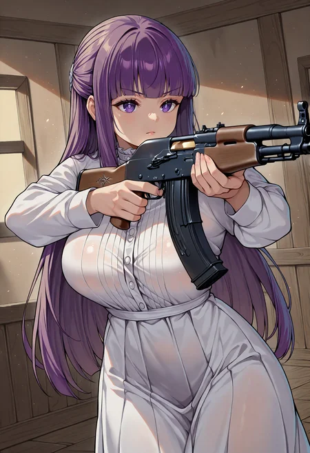 masterpiece, best quality, fern \(sousou no frieren\), large breasts, holding weapon, holding gun, ak-47, standing, white dress, solo, indoors, dutch angle, aiming,