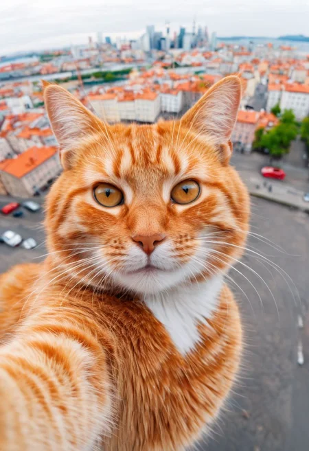 pretty funny cat,take a selfie,looking to camera,kind face,very realistic,city on background,(fluffy:0.2) (ginger:0.2)