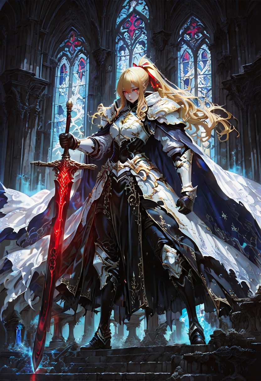 <lora:kaelaIL:0.55> kaelaIL, long hair, red eyes, (yellow hair:1.5), glowing eyes, greatsword,
white armor, ponytail, black dress, white sleeves, red ribbon, black gloves, black boots, holding sword, glowing sword, blue glow, gothic architecture, stained glass window, cathedral, dynamic pose, action, fantasy, detailed background, intricate design, dramatic lighting, high contrast, dark colors, light blue accents, intricate patterns, flowing dress, fantasy setting, intense expression, powerful stance, ethereal atmosphere, detailed textures, vibrant colors illustrious style, holding, glowing weapon, blue theme, weapon, goth fashion, architecture, solo, hair ribbon, sword, gloves, ribbon, glowing, holding weapon,
A female character in a fantasy setting. she is wearing a black and white outfit with a cape that is flowing in the wind. the character has long blonde hair and red eyes, and is holding a sword in her right hand. she appears to be flying through the air with a determined expression on her face. the background of the image is filled with intricate patterns and designs in shades of blue, purple, and pink. there are also several large, ornate structures that appear to be made up of triangles and crystals. the structures are arranged in a way that creates a sense of depth and dimension, and they are overlapping each other, creating an illusion of depth. the overall effect is one of power and strength.
<lora:hina_MixArmor_x215c:1> fantasy armor, holy armor