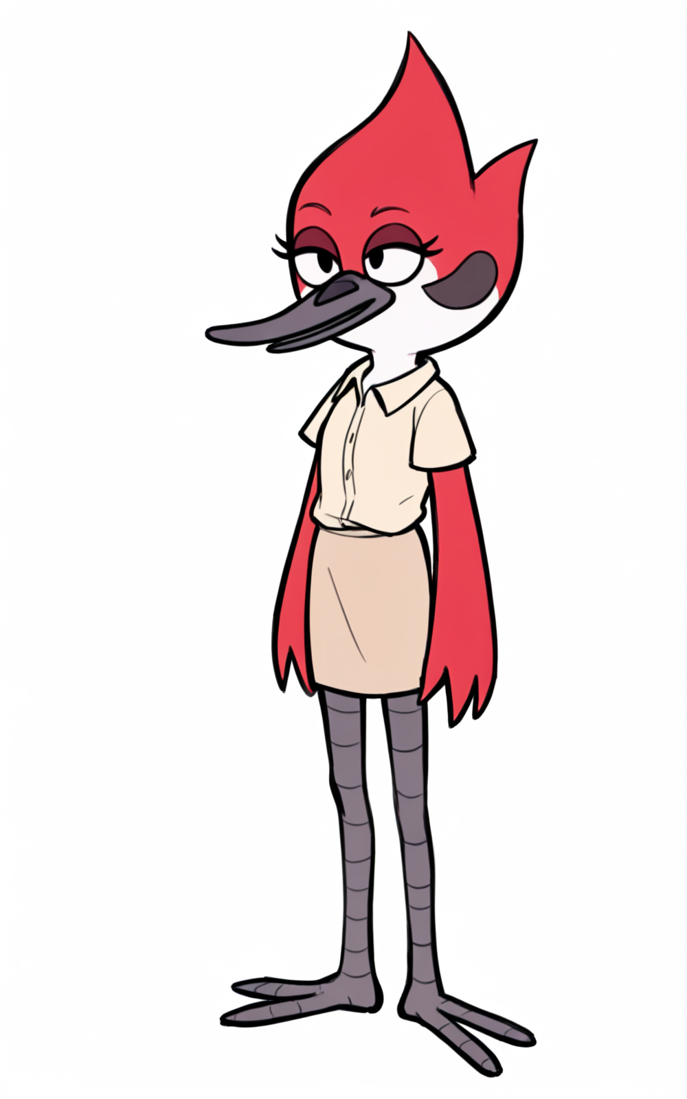 best quality, absurdres,full body, <lora:BolivanteStyleITS:0.8>, <lora:MSRSITS:0.8>, MSRSITS,  bird legs, black legs, skirt, beige skirt, shirt, beige shirt, short sleeves, collared shirt, bird, black eyes, red skin, red feathers, feathers, white skin, black skin, multicolored skin,slim, standing, white background, long beak, furry female, looking at viewer