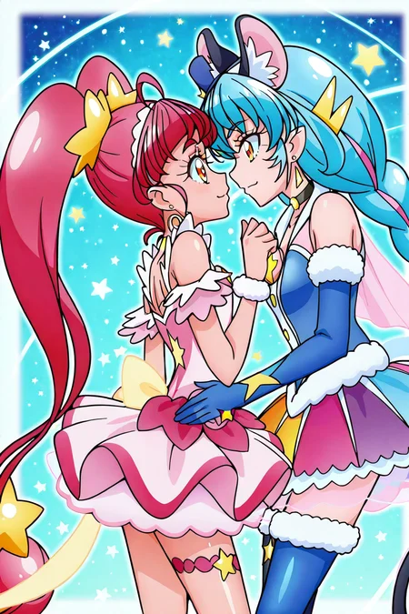 shiny skin, posing,
<lora:starpri.il:1>,
starpri,
multiple girls, large breasts,
curestar, curecosmo, yuri,