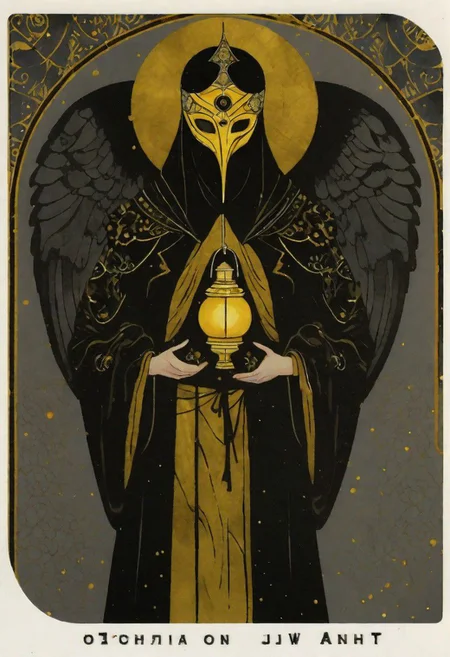 dark grey background, art déco, occultist, antiquarian, byzanthine man in black and yellow robes, ornate lantern, ((man wearing golden mask)), (man wearing turban), ((upwards shoulder pads)), demon and angel