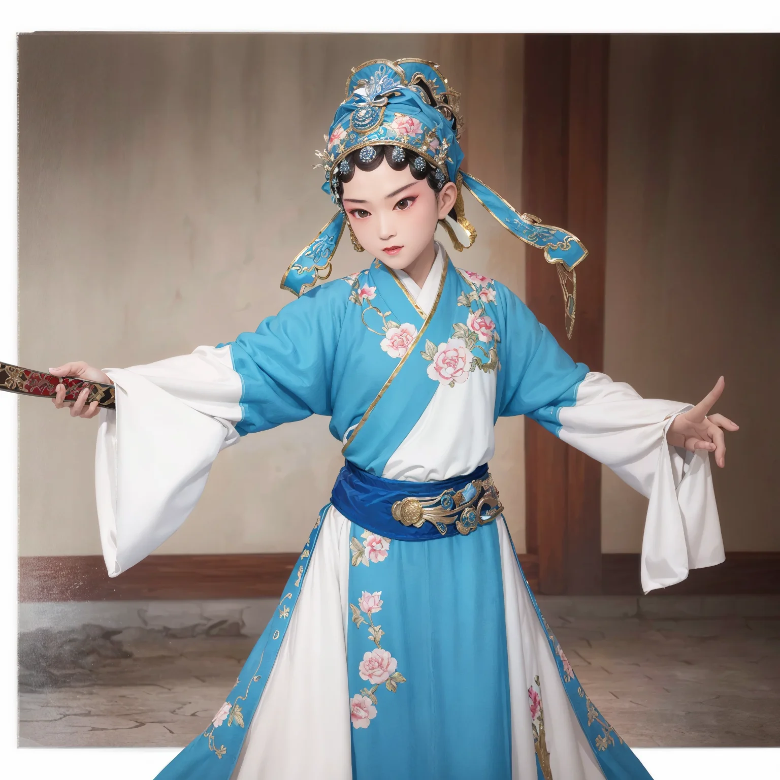 (8k, best quality, masterpiece:1.2),(best quality:1.0),ultra highres:1.0, 1girl, red xiaosheng, extremely detailed, render, 4k, absurdres, HDR, dancing, fighting stance, holding sword, close-up,  <lora:ChineseOperaCostumes_v15:0.7>