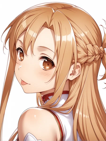 masterpiece,best quality,newest,
1girl,solo,
<lora:a_asuna_ilxl_v1:1>,a_asuna,brown eyes,a_clothes,
<lora:Fixhands_anime_bdsqlsz_V1:1>,looking_at_viewer,light_blush,cinematic_angle,looking_at_viewer,white_background,simple_background,upper_body,face_focus,portrait,from_back,looking_back,;p,
