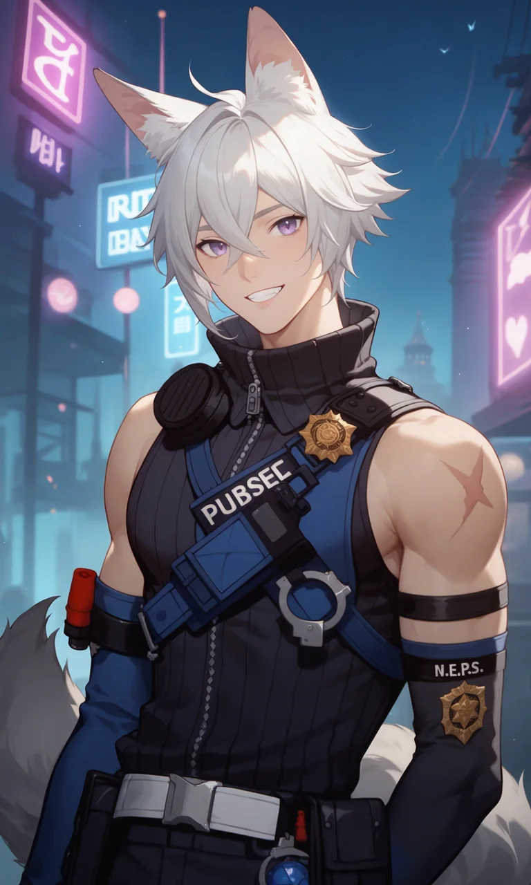 score_9, score_8_up, score_7_up, masterpiece, best quality, lots of details, upper body, ((1boy)), (solo:1.4), male focus, SethLow, slim, white hair, purple eyes, hair between eyes, animal ears, long grey tail, teeth, light smile, blue jacket, police uniform, shoulder scar, black ribbed sweater, (bare shoulders:1.3), belt, handcuffs, high collar, long sleeves, shoulder radio, black gloves, elbow gloves, black pants, short sleeves, closed pose, looking at viewer, standing, shaded, detailed shading, detailed skin, shaded skin, realistic shading, Expressiveh, countershading:1.1, night city, neon lights, outdoors, <lora:add-detail-xl:0.7>, <lora:Smooth Anime 2 Style SDXL_LoRA_Pony Diffusion V6 XL:0.8>, <lora:Expressive_H:0.8>, <lora:SethLow_XL_V10_OPT:1>