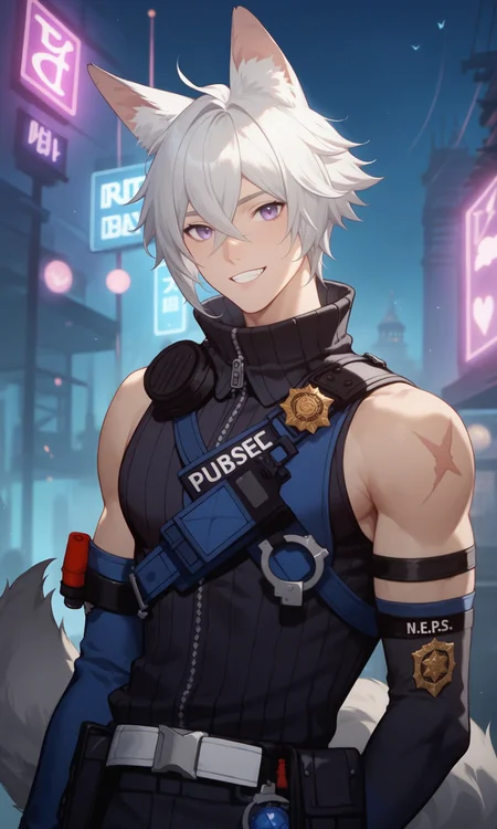 score_9, score_8_up, score_7_up, masterpiece, best quality, lots of details, upper body, ((1boy)), (solo:1.4), male focus, SethLow, slim, white hair, purple eyes, hair between eyes, animal ears, long grey tail, teeth, light smile, blue jacket, police uniform, shoulder scar, black ribbed sweater, (bare shoulders:1.3), belt, handcuffs, high collar, long sleeves, shoulder radio, black gloves, elbow gloves, black pants, short sleeves, closed pose, looking at viewer, standing, shaded, detailed shading, detailed skin, shaded skin, realistic shading, Expressiveh, countershading:1.1, night city, neon lights, outdoors, <lora:add-detail-xl:0.7>, <lora:Smooth Anime 2 Style SDXL_LoRA_Pony Diffusion V6 XL:0.8>, <lora:Expressive_H:0.8>, <lora:SethLow_XL_V10_OPT:1>