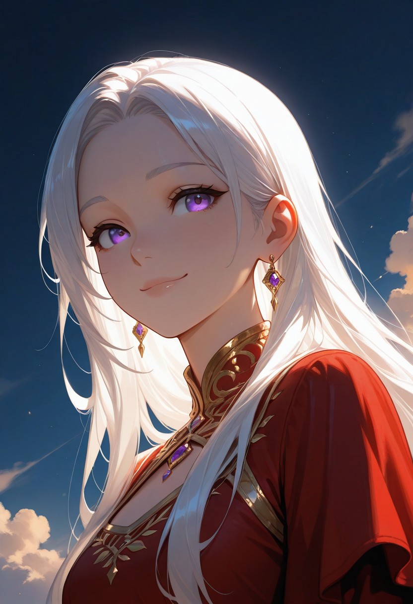 1girl, Aerea Targaryen, A song of Ice and Fire, DnD, Long Lustrious Hair, white Hair, Long white Hair, purple eyes, innocent eyes, young woman (between ages of 18-20), lovely smile, dark background, wearing a red dress, 1girl, childish features, sole girl, dynamic lighting, dynamic angle, cloud, volumetric lighting, blue sky, portrait, upper body,