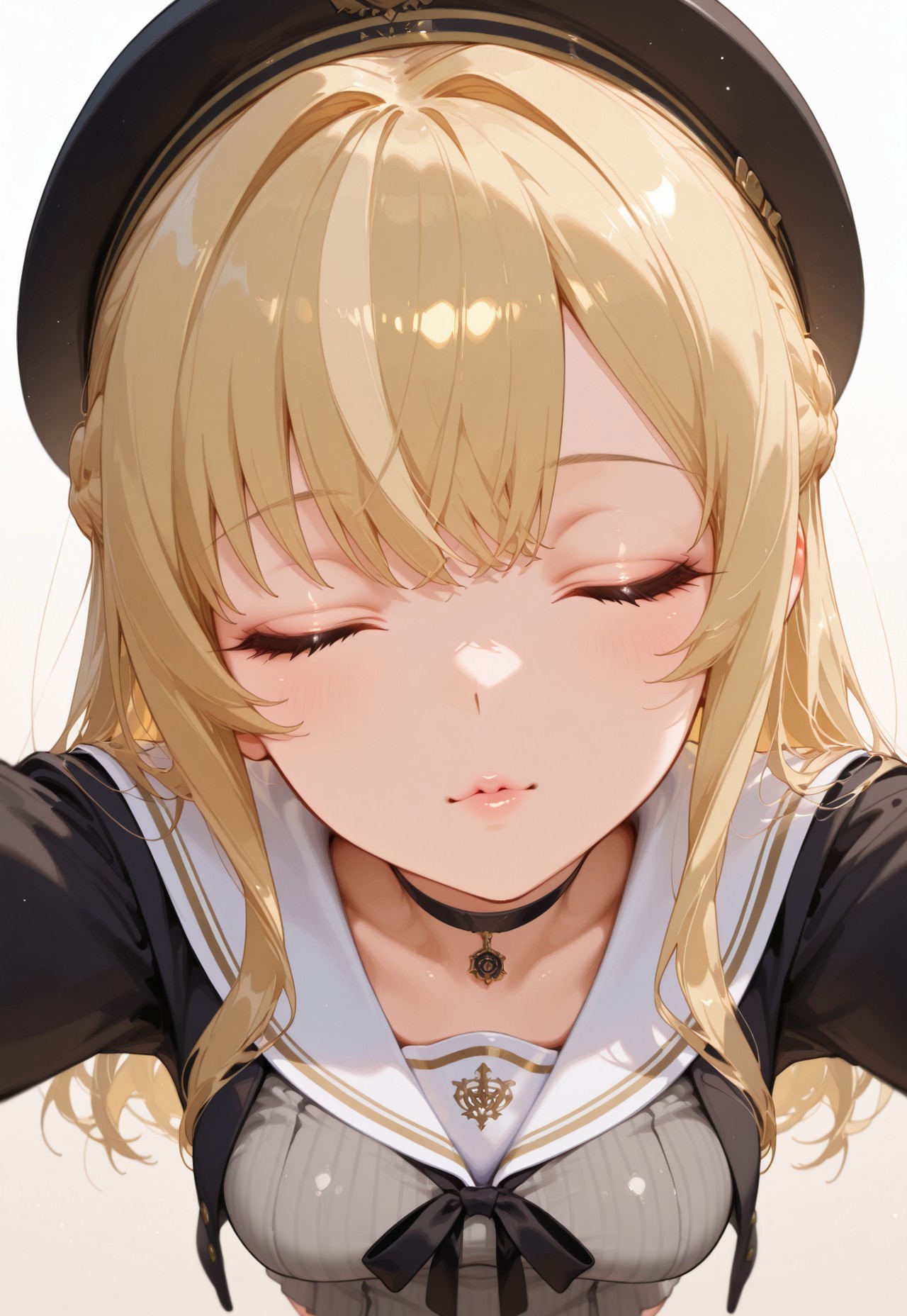 masterpiece, best quality, hyper-realistic, ultra-HD, luminous lighting, cinematic ambiance, shimmering gradients, ethereal glow, deep contrast, rich color tones, seductive atmosphere, captivating sensuality, Cinematic Lighting, raytracing, volumetric lighting, ambient occlusion, very awa, absurdres, amazing quality, ultra-detailed,8K,illustration,CG, 
BREAK 
shiny hair, clear skin, ultra-detailed-eyes, simple background, cute girl, eyelashes, slender, long hair, large breasts, (mature female), slim body, long lushes, long legs, flat stomach, sagawastyle, 748cmstyle, 
BREAK
flarestreet, long hair, braid, black headwear, black choker, pendant, grey dress, pinstripe dress, sailor dress, white sailor collar, black jacket,
BREAK 
pov kiss, 1girl, 1boy, pov, close-up, head tilt, reaching for viewer, arms up, eyes closed,  
BREAK 
