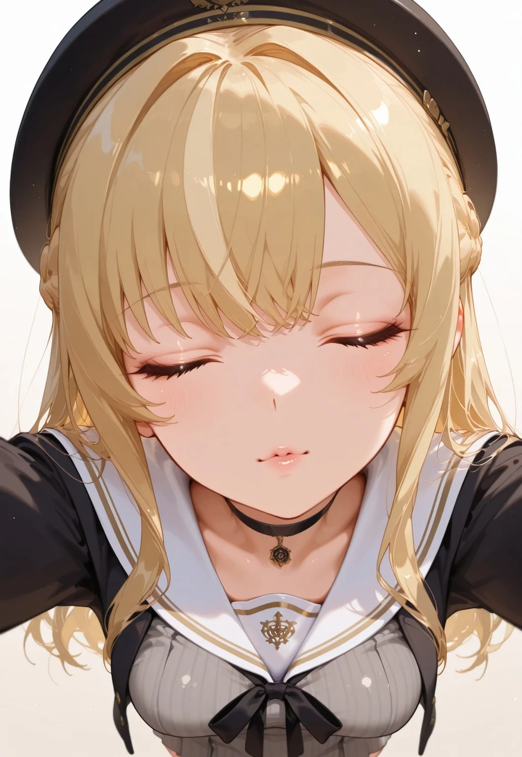 masterpiece, best quality, hyper-realistic, ultra-HD, luminous lighting, cinematic ambiance, shimmering gradients, ethereal glow, deep contrast, rich color tones, seductive atmosphere, captivating sensuality, Cinematic Lighting, raytracing, volumetric lighting, ambient occlusion, very awa, absurdres, amazing quality, ultra-detailed,8K,illustration,CG, 
BREAK 
shiny hair, clear skin, ultra-detailed-eyes, simple background, cute girl, eyelashes, slender, long hair, large breasts, (mature female), slim body, long lushes, long legs, flat stomach, sagawastyle, 748cmstyle, 
BREAK
flarestreet, long hair, braid, black headwear, black choker, pendant, grey dress, pinstripe dress, sailor dress, white sailor collar, black jacket,
BREAK 
pov kiss, 1girl, 1boy, pov, close-up, head tilt, reaching for viewer, arms up, eyes closed,  
BREAK 
