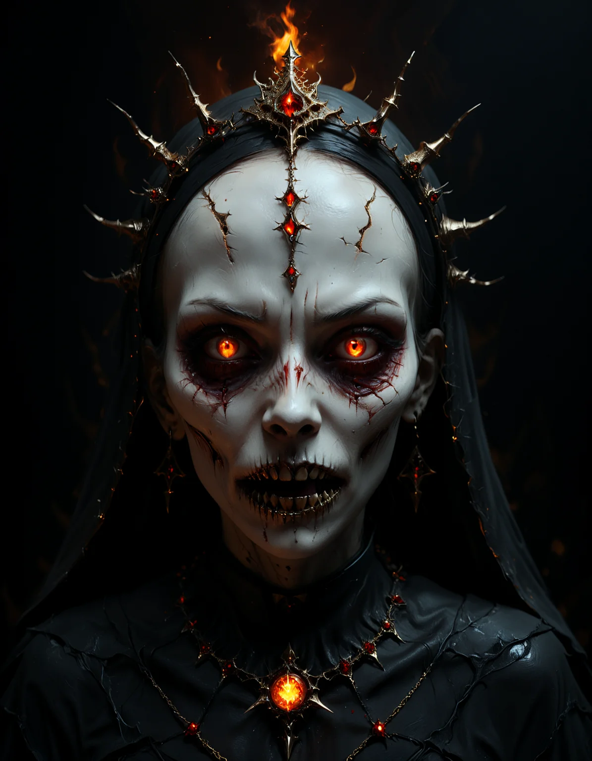 Hyper-realistic digital illustration with the luminous, intricate detailing of the skeletal, demonic nun with an ethereal glow emanating from fiery eyes, sharp, blood-streaked teeth and fangs, surrounded by spiked, metallic halo and embellished headpiece, contrasting dark shadows and harsh highlights emphasizing the surreal and eerie textures, the background blurred with floating embers and a golden, ominous ambiance, with intricate bone structures and subtle cracks interwoven into surreal, haunting and intimidatingly fine details permeating through the image.