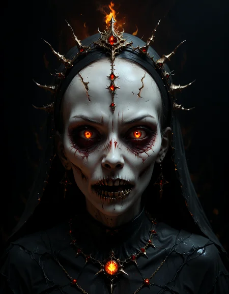 Hyper-realistic digital illustration with the luminous, intricate detailing of the skeletal, demonic nun with an ethereal glow emanating from fiery eyes, sharp, blood-streaked teeth and fangs, surrounded by spiked, metallic halo and embellished headpiece, contrasting dark shadows and harsh highlights emphasizing the surreal and eerie textures, the background blurred with floating embers and a golden, ominous ambiance, with intricate bone structures and subtle cracks interwoven into surreal, haunting and intimidatingly fine details permeating through the image.