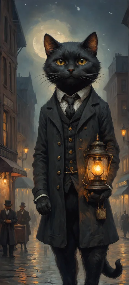 vintage, a black male cat, night in the dark steampunk city, eternal light lamps burning, busy streets full of traffic,  <lora:ClassipeintXL2.0:1> oil painting, masterpiece, focused, best quality