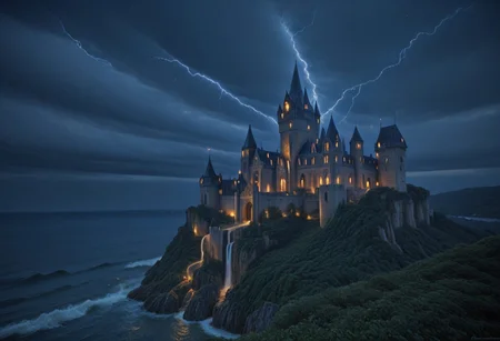 Stable_Yogis_PDXL_Positives, masterpiece,best quality,amazing quality,very aesthetic,high resolution,ultra-detailed,absurdres,newest, outdoors, mw01out, mwl01, castle, castle on the edge of a cliff, white walls, purple turrets, nighttime, night, thunderstorm in the distance, thunderclouds, overlooking the ocean, stormy