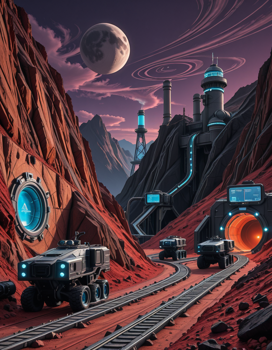 A futuristic mining outpost on a distant, rocky planet with a harsh, alien landscape. The mine entrance is a massive, reinforced metal tunnel carved into the side of a jagged, dark-red mountain. Advanced, glowing blue energy lights line the entrance, illuminating the metallic tracks that lead deep underground. Large, heavily-armored mining vehicles with mechanical arms and drills are stationed nearby, extracting rare minerals from the rock. The ground is covered in fine, reddish dust, kicked up by the movement of autonomous robotic drones that transport ore to a towering industrial refinery in the background. The sky is a deep, dark purple with swirling clouds and two distant moons casting a cold, eerie glow. In the distance, futuristic habitation domes with transparent walls house workers in protective exosuits, their silhouettes visible inside. A neon-lit control tower monitors operations, its holographic screens displaying real-time data. The atmosphere is both desolate and technologically advanced, evoking a sense of exploration and survival on the edge of the galaxy.
<lora:SDXLFaeTastic2400:0.4> <lora:extremely_detailed:0.4> extremely detailed,futuristic mining 0utp0st, <lora:futuristic_mining_0utp0st-i:1>, Masterpiece,best quality,hi res,8k,hi res,8k,award winning,(sharp focus, intricate, highly detailed),