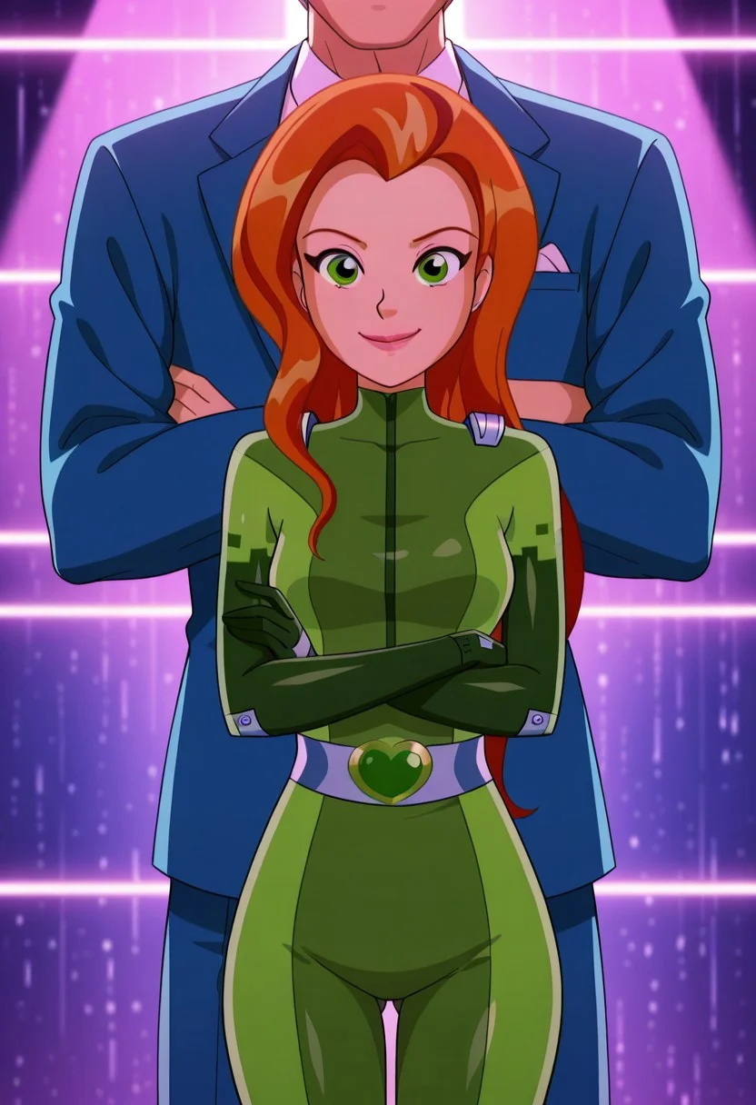 masterpiece, best quality, good quality, cartoon, totally_spies_2k24, sam, orange hair, green eyes, green bodysuit, sexy, medium breasts, beautiful, detailed, high detailed, very beautiful, detailed face, detailed eyes, detailed hand, abstract background, neon, smile, posing, standing, crossed arms, looking at viewer, face focus magazine cover OCBF as title, tall male red haired male, standing behind female, male holding female, Male suit and tie,