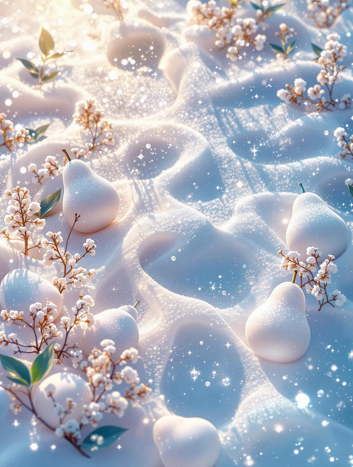 aesthetics, pastel delicate shades, white sand, white transparent frosted water, pears in snow, white water, macro, hyper-detailed, realistic, pastel colors
