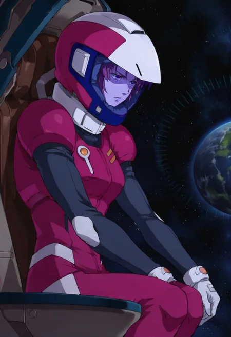 score_9,score_8_up,score_7_up,anime coloring BREAK source_anime,anime,<lora:Marida_Cruz_Pony:0.8>,marida,1girl,solo,purple eyes,purple pilot suit,(helmet:1.4),purple helmet,sitting,space,cockpit,from side,
