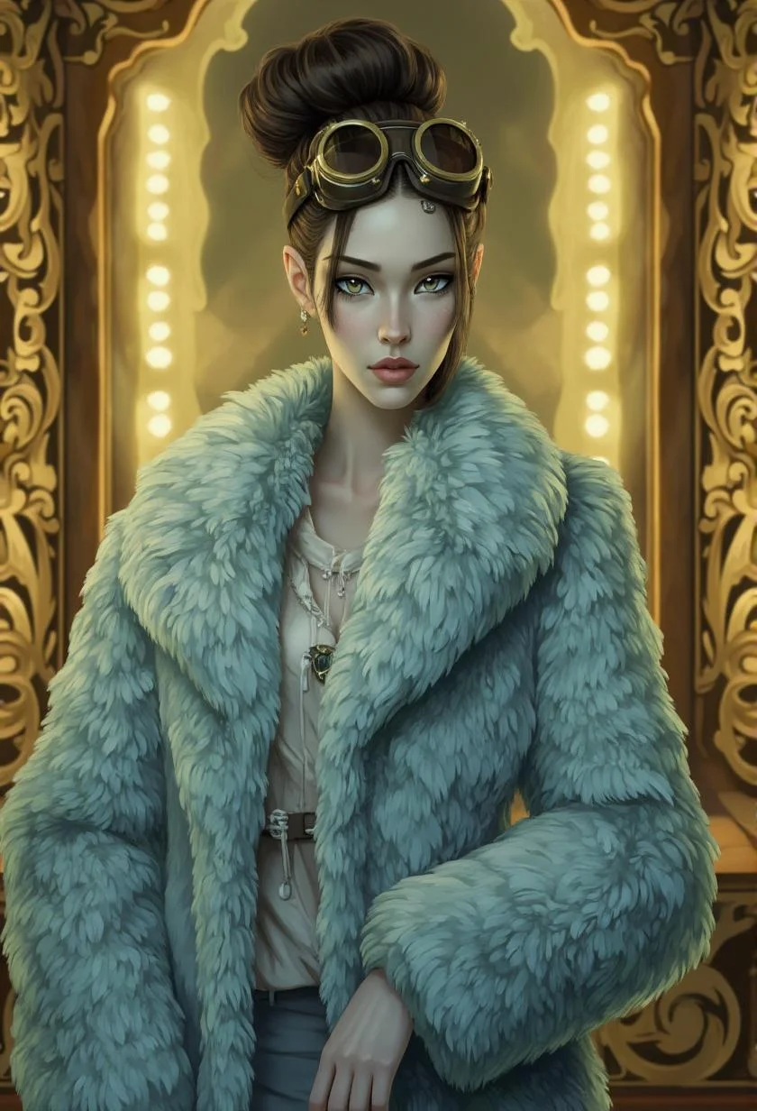 <lora:ck-LttleGhost-000011.safetensors:1> in the style of ck-lttlegh0stA woman of striking features and porcelain complexion wears oversized aviator goggles on her head, atop a high, elegant bun. Her luxurious light blue fur coat drapes around her stiffly posed body, set against the ornate backdrop of a golden-lit window frame. The overall effect is one of quiet power and mystery, as if she has been frozen in time by some unseen force, her rigid demeanor at odds with the soft, dreamlike ambiance surrounding her.