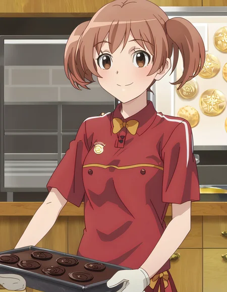 score_9, score_8_up, score_7_up, source_anime, anime screencap, baking valentines cookies, looking at viewer, blush, smile, gloves, holding, frills, food, indoors, apron, chocolate, cookie, oven mitts,, Chiho Sasaki, Short brown hair, Large brown eyes, Fair skin, Youthful appearance, Shoulder-length hair, Usually wears school uniform, Slim build, Modest clothing style, Chiho, short hair, brown hair, short twintails, brown eyes, employee uniform, skirt,