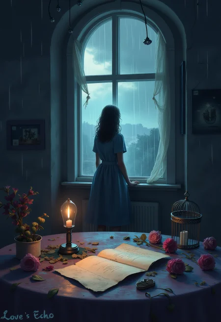 Create a poignant and evocative illustration that explores the deeper, more melancholic aspects of love. Set the scene in a dimly lit, abandoned room, with a single, faded love letter lying on a dusty table, surrounded by wilted flowers and a forgotten locket. Use a moody color palette of deep blues, purples, and grays to convey a sense of loss and longing. Include a solitary figure standing by a rain-streaked window, gazing out at a stormy landscape, with a distant, sorrowful expression. Add symbolic elements such as a broken hourglass, a dying candle, and a empty birdcage to emphasize the passage of time and the absence of a beloved companion. Complete the scene with a soft, ethereal glow that hints at memories of happier times, and include a subtle banner with the words 'Love's Echo' in a delicate, handwritten font