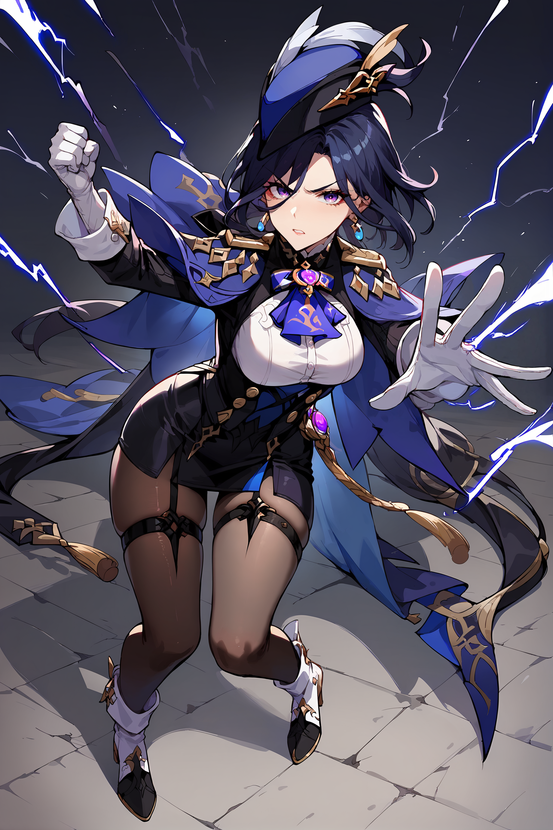 score_9, score_8_up, score_7_up, source anime, 1girl, clorinde \(genshin impact\), tricorne, black pantyhose, earrings, blue cape, white gloves, pencil skirt, white shirt, thigh strap, underbust, ascot, fold-over boots, black jacket, depth of field, full body, lightning, electricity, combat pose, incoming attack, glaring, looking at viewer  <lora:Char-Genshin-Clorinde-Pony-V1:0.9>   <lora:Expressive_H:0.8>