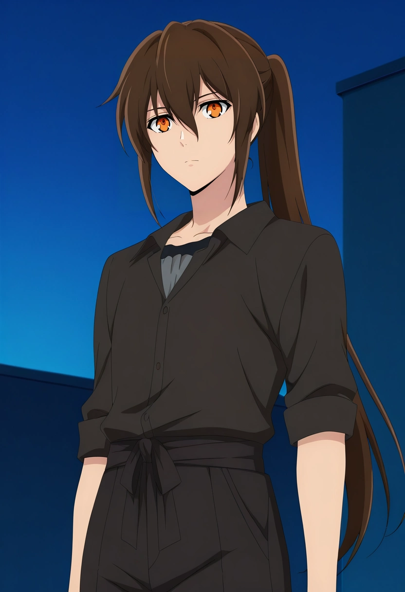 masterpiece, best quality, anime screencap, official style, anime coloring, cowboy shot, 1boy, solo, male focus, <lora:twenty-fifth_bam_ilxl:1>, twenty-fifth_bam, brown hair, orange eyes, long hair, ponytail, bangs, hair between eyes