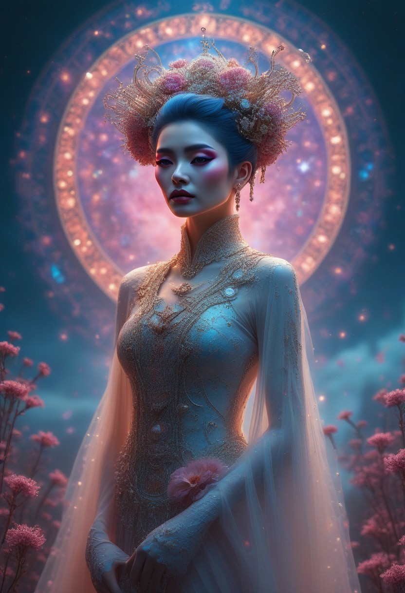 A professional photography of a celestial astro beauty gothic geisha with whimsical elements, surrounded by an magical and eerie fairytale landscape with sparkling crystals and colorful flowers, awesome appearence, fantastic cyberpunk art concept, intricate details, trending on artstation, masterpiece, 8k, celestial astro beauty