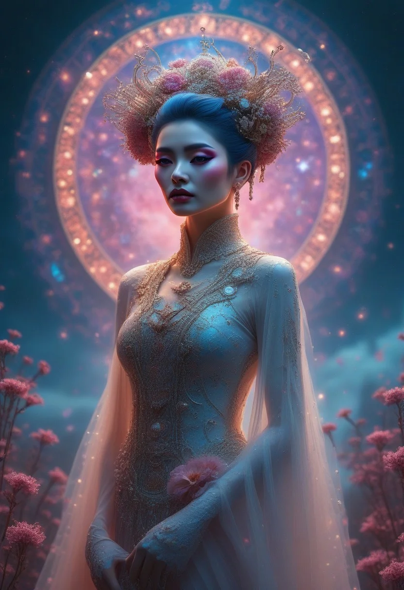 A professional photography of a celestial astro beauty gothic geisha with whimsical elements, surrounded by an magical and eerie fairytale landscape with sparkling crystals and colorful flowers, awesome appearence, fantastic cyberpunk art concept, intricate details, trending on artstation, masterpiece, 8k, celestial astro beauty