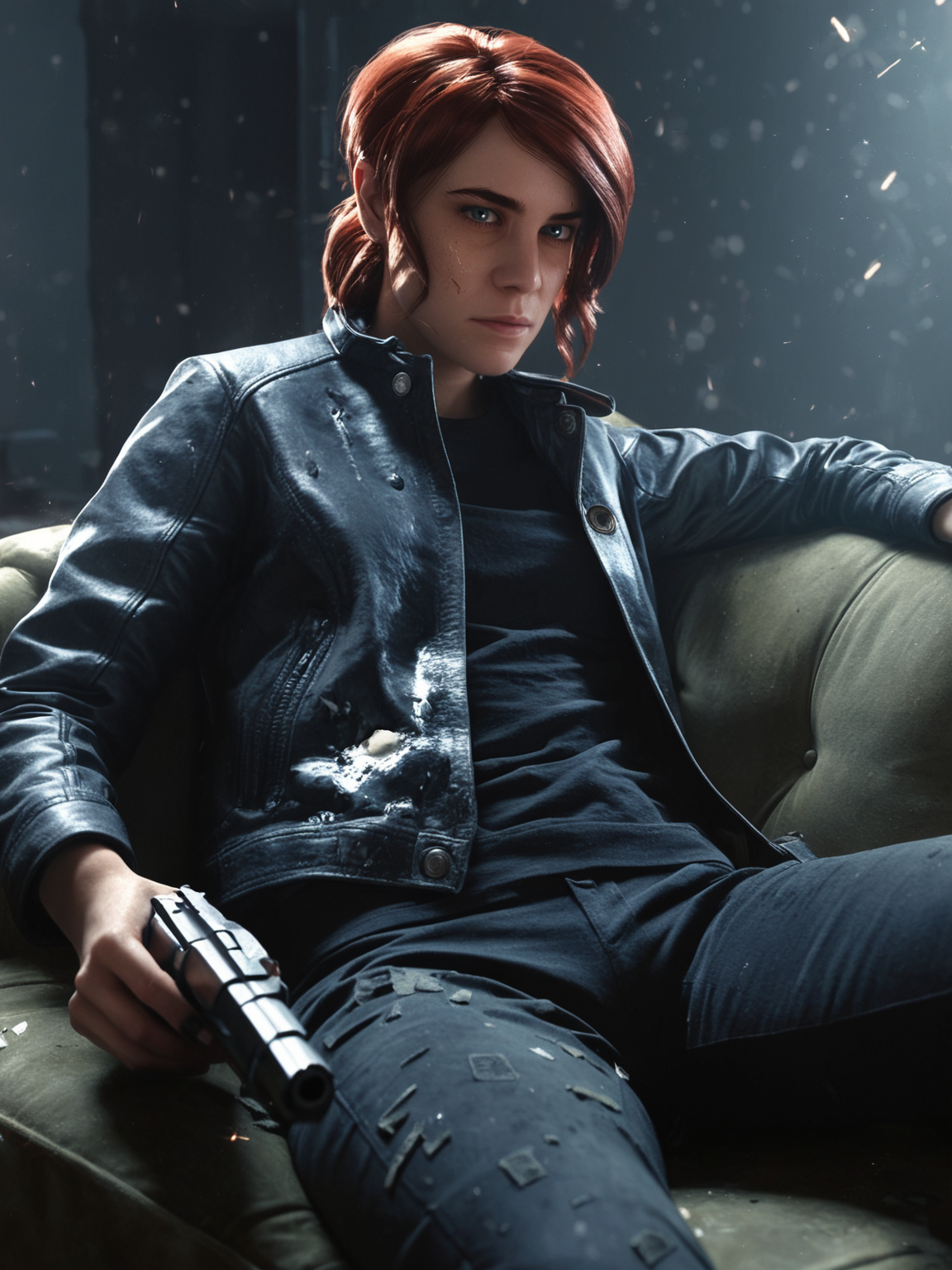 a woman,faced to viewer,dramatic lighting,particles,debris,solo,solo focus,holding pistol,
<lora:Jasse_Faden_v6_biglust:0.95>woman,jasfdn face,jas hair,looking at viewer,clothed,
reclining on sofa,jacket, rating_safe