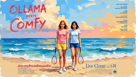Clip L sketch painting, mvpstrCE style, aidmatextimprover,Movie Poster (Title "Ollama meets Comfy":1.5) A vibrant and colorful digital illustration shoot from a front camera angle about two young women playing tennis on a beach during sunset. the image features two girls, both with brown hair, standing on the beach with their tennis rackets in hand. the girl on the left is wearing a pink top and yellow shorts, while the girl in the middle is wearing blue shorts and white sneakers. they are both smiling and appear to be enjoying each other's company. the background features a colorful sunset over the ocean with a gradient of blue and pink hues, and the sky is filled with fluffy white clouds. the girls are walking side by side, holding their rackets, with their reflections visible on the water's surface.  long hair, breasts, blush, smile, shirt, multiple girls, black hair, holding, closed mouth, 2girls, standing, full body, ponytail, outdoors, shorts, sky, shoes, day, cloud, water, blue sky, orange hair, white footwear, holding tennis racket, beach, sand, sunset, sportswear  camera_angle: from front, art_style: digital illustration, location: beach, background: A colorful sky with a sunset and a wave, text: NA, image_composition: left;right, clothing: pink top;blue top, hair_style;long hair;short hair, distance_to_camera: full body;full body, hair-color: brown hair;brown hair, facial_expression: smile;smile, action: playing tennis;holding racquets, accessory: NA;NA, pants: yellow shorts;blue shortsT5XXLsketch painting, mvpstrCE style, aidmatextimprover,Movie Poster (Title "Ollama meets Comfy":1.5) A vibrant and colorful digital illustration shoot from a front camera angle about two young women playing tennis on a beach during sunset. the image features two girls, both with brown hair, standing on the beach with their tennis rackets in hand. the girl on the left is wearing a pink top and yellow shorts, while the girl in the middle is wearing blue shorts and white sneakers. they are both smiling and appear to be enjoying each other's company. the background features a colorful sunset over the ocean with a gradient of blue and pink hues, and the sky is filled with fluffy white clouds. the girls are walking side by side, holding their rackets, with their reflections visible on the water's surface.  long hair, breasts, blush, smile, shirt, multiple girls, black hair, holding, closed mouth, 2girls, standing, full body, ponytail, outdoors, shorts, sky, shoes, day, cloud, water, blue sky, orange hair, white footwear, holding tennis racket, beach, sand, sunset, sportswear  camera_angle: from front, art_style: digital illustration, location: beach, background: A colorful sky with a sunset and a wave, text: NA, image_composition: left;right, clothing: pink top;blue top, hair_style;long hair;short hair, distance_to_camera: full body;full body, hair-color: brown hair;brown hair, facial_expression: smile;smile, action: playing tennis;holding racquets, accessory: NA;NA, pants: yellow shorts;blue shorts