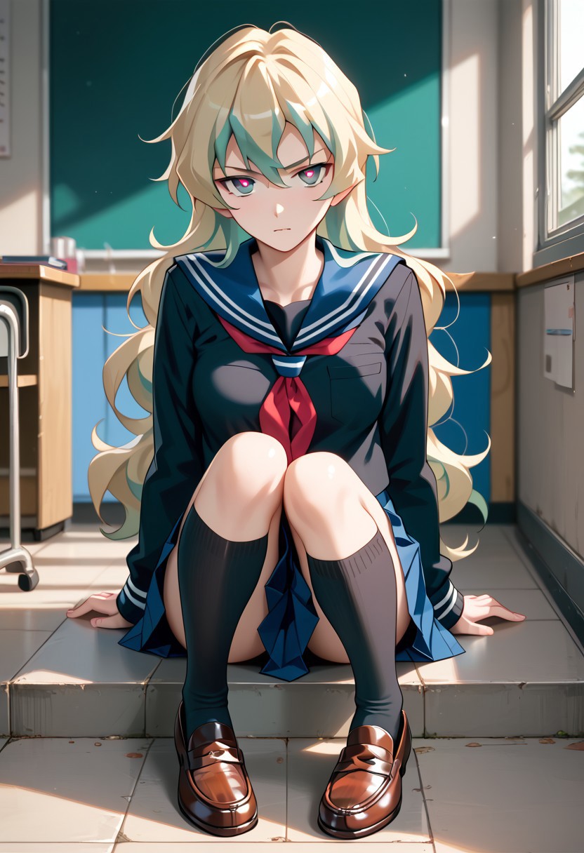 score_9,score_8_up,score_7_up,source_anime, Nia Teppelin (Antispiral),1girl,solo,looking at viewer,skirt,sitting,school uniform,full body,pleated skirt,shoes,socks,serafuku,kneehighs,black socks,loafers,black serafuku,cross-shaped pupils,