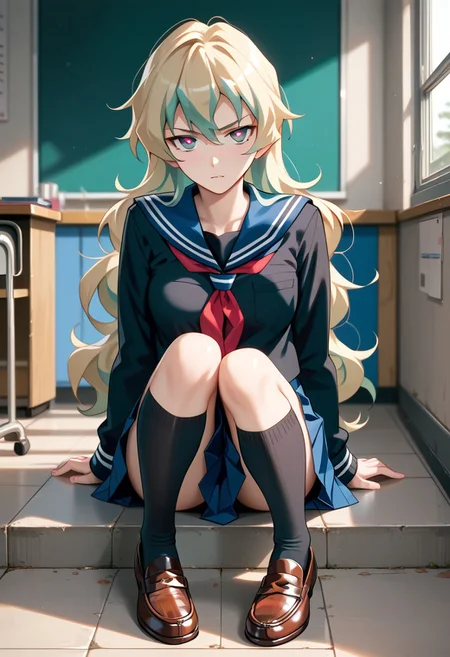 score_9,score_8_up,score_7_up,source_anime, Nia Teppelin (Antispiral),1girl,solo,looking at viewer,skirt,sitting,school uniform,full body,pleated skirt,shoes,socks,serafuku,kneehighs,black socks,loafers,black serafuku,cross-shaped pupils,