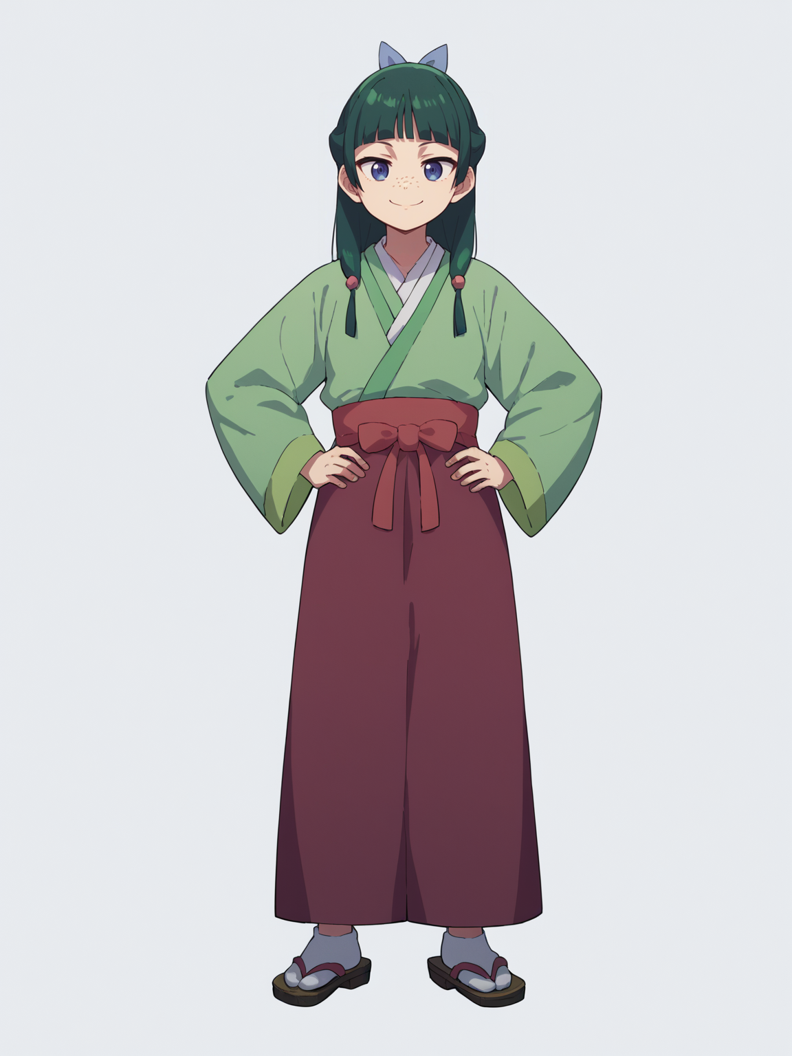 score_9, score_8_up, score_7_up, score_6_up, score_5_up, score_4_up, BREAK, source_anime,
1girl, maomao, blue eyes, blunt bangs, freckles, green hair, hair ornament, green japanese clothes, long hair, long sleeves, purple skirt,
hands on hips, smile, standing, full body, looking at viewer, solo, simple background, white background
<lora:MaoMaoXL:1>