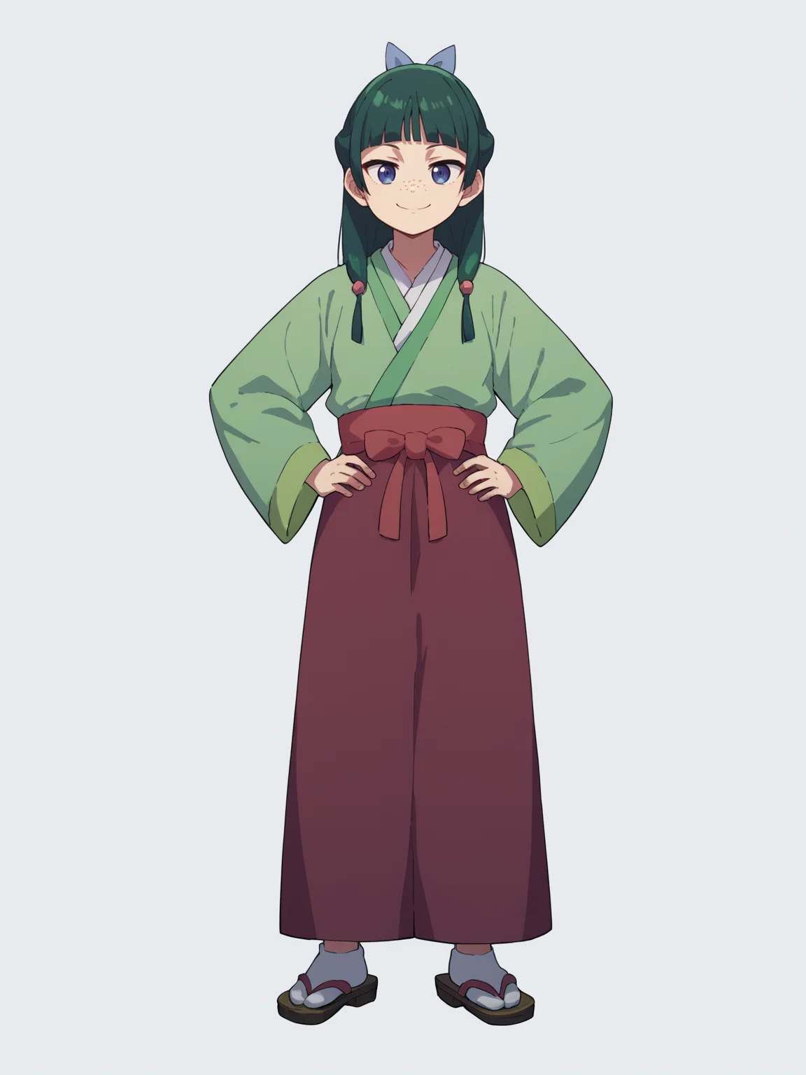 score_9, score_8_up, score_7_up, score_6_up, score_5_up, score_4_up, BREAK, source_anime,
1girl, maomao, blue eyes, blunt bangs, freckles, green hair, hair ornament, green japanese clothes, long hair, long sleeves, purple skirt,
hands on hips, smile, standing, full body, looking at viewer, solo, simple background, white background
<lora:MaoMaoXL:1>