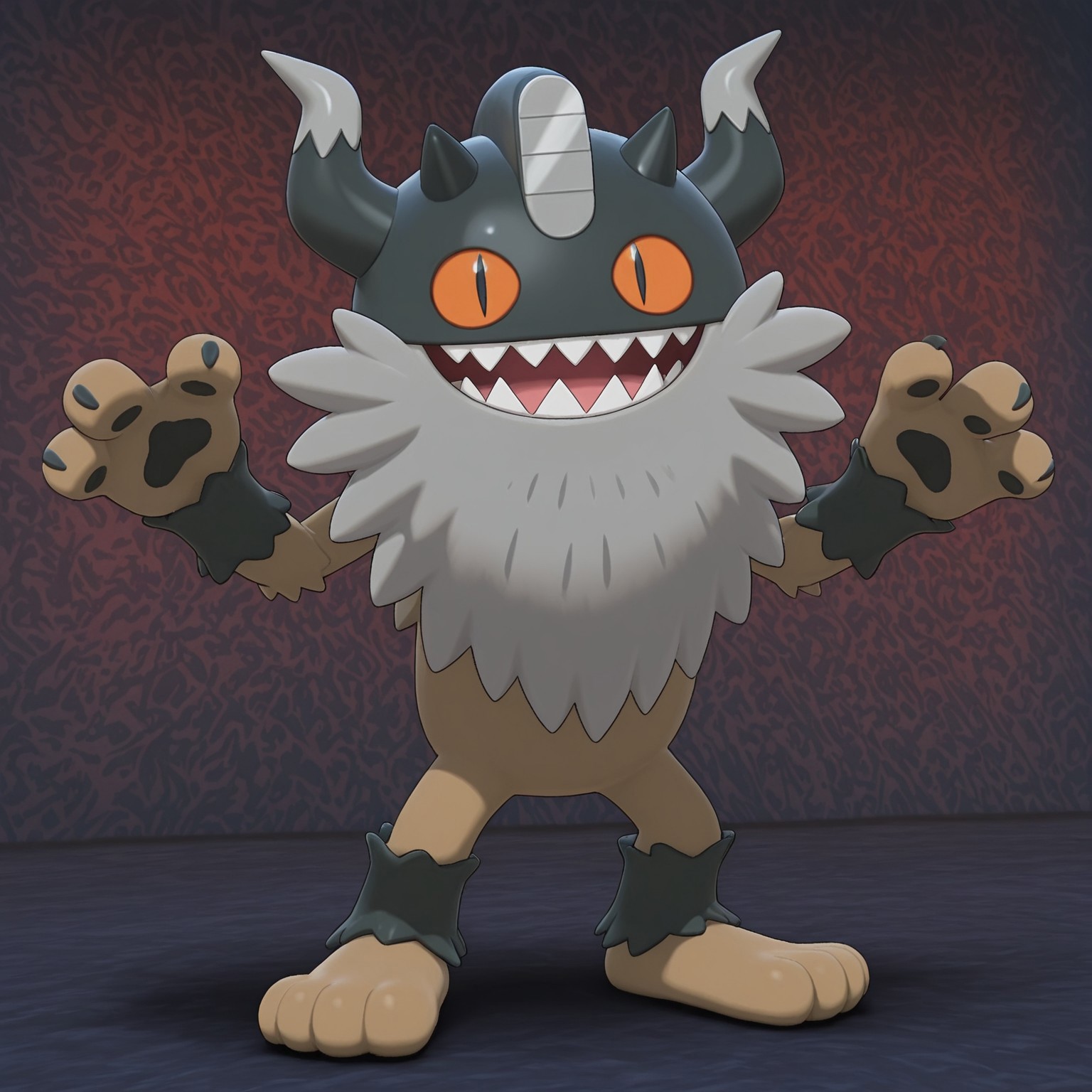 Solo, 2d, Perrserker, Pokemon (creature), feline, orange sclera, black pupils, slit pupils, brown fur, black fur, multicolored body, black head, two tone horns, black and gray horns, dipstick horns, fluffy long beard, gray beard, 3 toes, 3 fingers, black wrist tuft, black leg tuft, black pawpads, tail, 

BREAK standing, open mouth smile, sharp teeth, full body, looking at viewer

BREAK best quality, amazing quality, very aesthetic, absurdres, newest, masterpiece, high quality, abstract background 