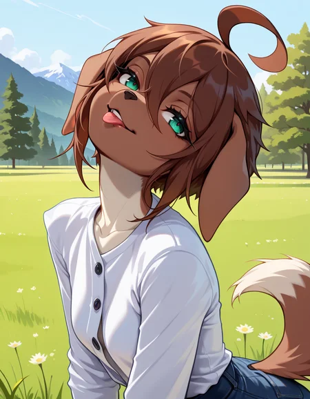 masterpiece, best quality, very aesthetic, absurdres,
outdoors,
headshot, head tilt, tongue out,
black button-down shirt,
seductive smile, parted lips, long eyelashes,
<lora:Kess_v01_NAIXL:1>
Kess,1girl,solo,furry,furry female,dog girl,brown hair,short hair,hair between eyes,dog ears,green eyes,snout,animal nose,body fur,brown fur,dog tail,