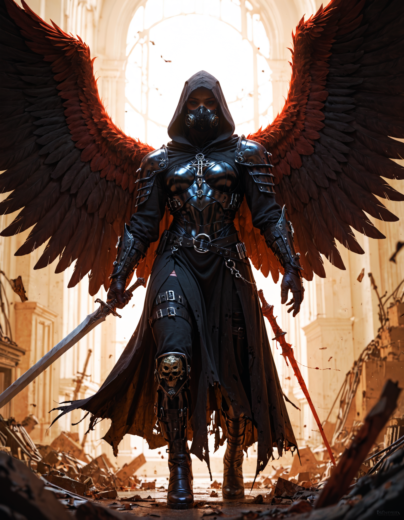score_9, score_8_up, score_7_up, BREAK, an artiangel with a bizarre black plague mask and a dark hood holding a huge black obsidian sword, wearing sci-fi full armor, huge dark wings, dark, low key, neo-gothic style, faded colors, dark palette, atmospheric haze, debris, dramatic, spotlight
<lora:artiangel:0.5> artiangel, <lora:Fant5yP0ny:0.7>