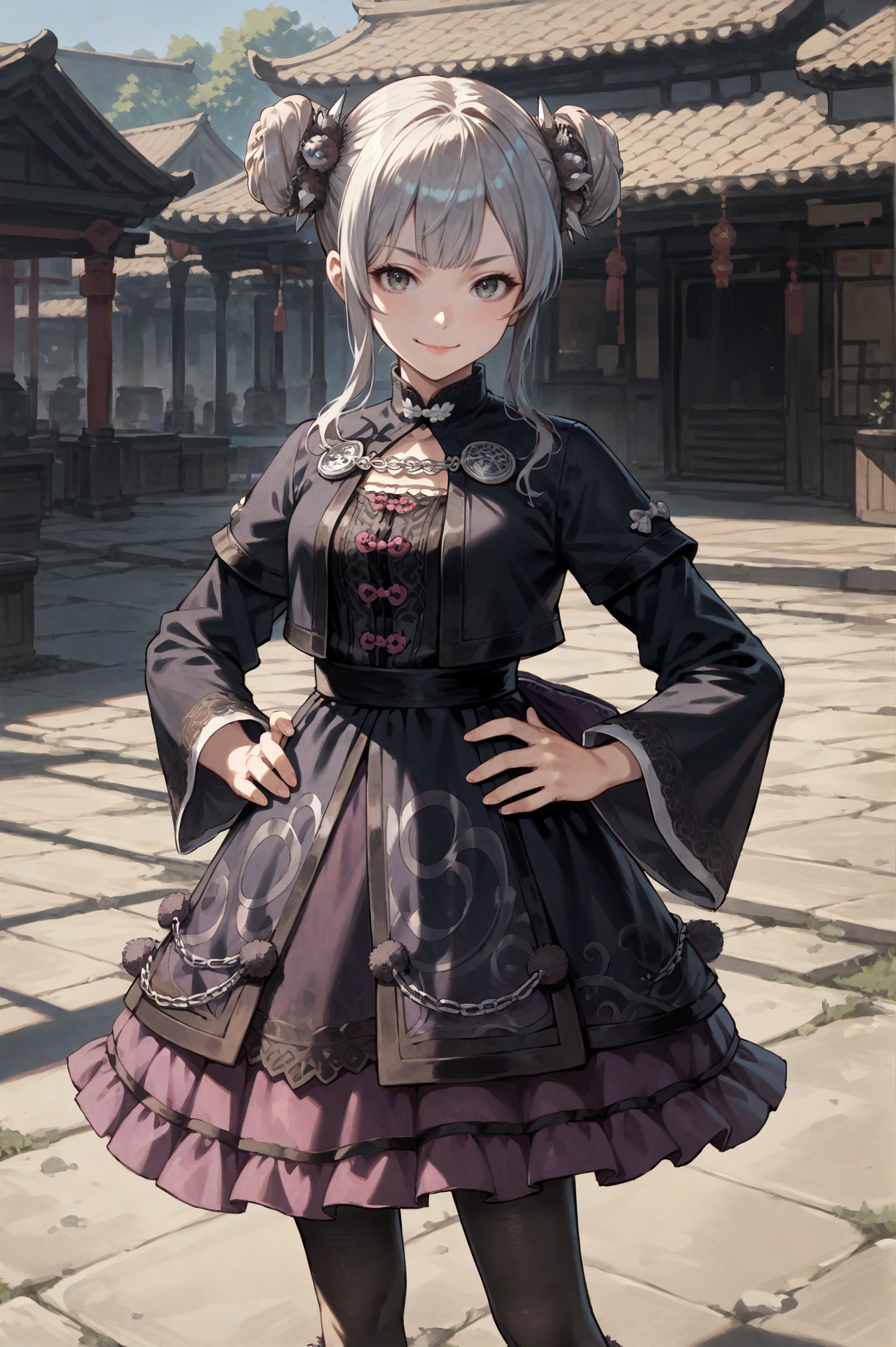 score_9, score_8_up, score_7_up, source_anime, Standing with hands on hips, smile, <lora:Dong_Bai:0.8> 1girl, solo, hair bun, grey hair, grey eyes, dress, long sleeves, pantyhose, hair ornament, looking at viewer