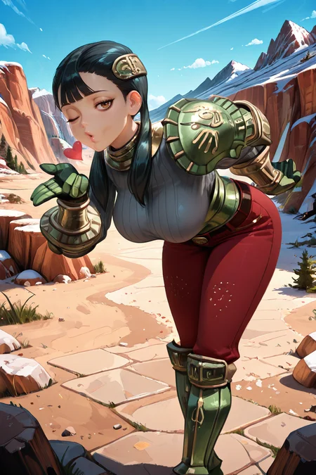 <lora:ChamIllustriousBackgroundEnhancer:0.5>, masterpiece, very aesthetic, absurdres, best quality, amazing quality, high resolution, newest, very awa, scenery, looking at viewer, <lora:spo_sdxl_10ep_4k-data_lora_Illustrious:0.8> <lora:StabilizerIllustrious:0.8> , masterpiece, beautifully drawn, elegantly detailed, <lora:AsheiIL:0.8> , AshDef, 1girl, black hair, twintails, hair over shoulder, brown eyes, bags under eyes, hair ornament, gorget, grey sweater, ribbed sweater, single pauldron, armored corset, green corset, green gauntlets, red pants, belt, green greaves, leaning forward, blowing kiss, hand up, winking, one eye closed, floating orbs, clutter, exterior, mountains, scenery, blue sky