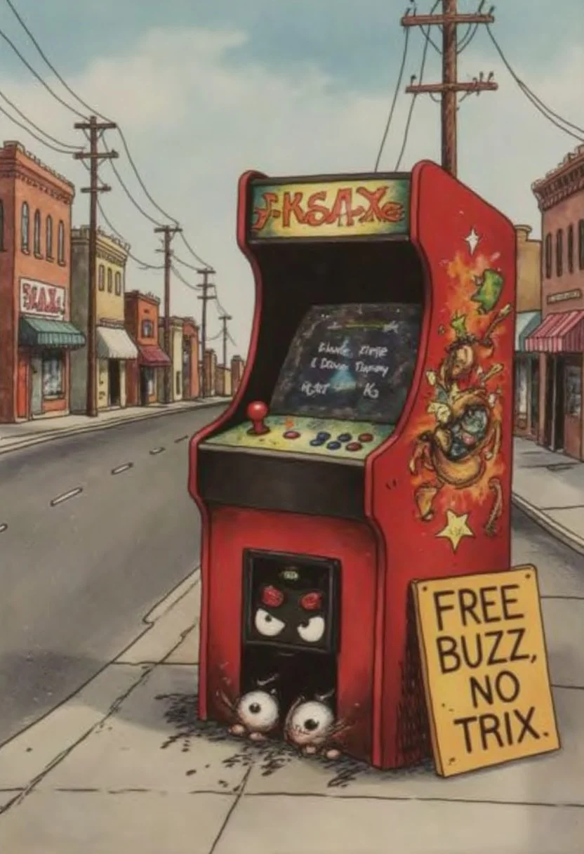 An old-school arcade machine sits alone on an empty street, a pair of evil eyes looks out from a hole at the bottom of the machine, next to the machine is a sign with text:"free buzz, no trix", f4rs1de