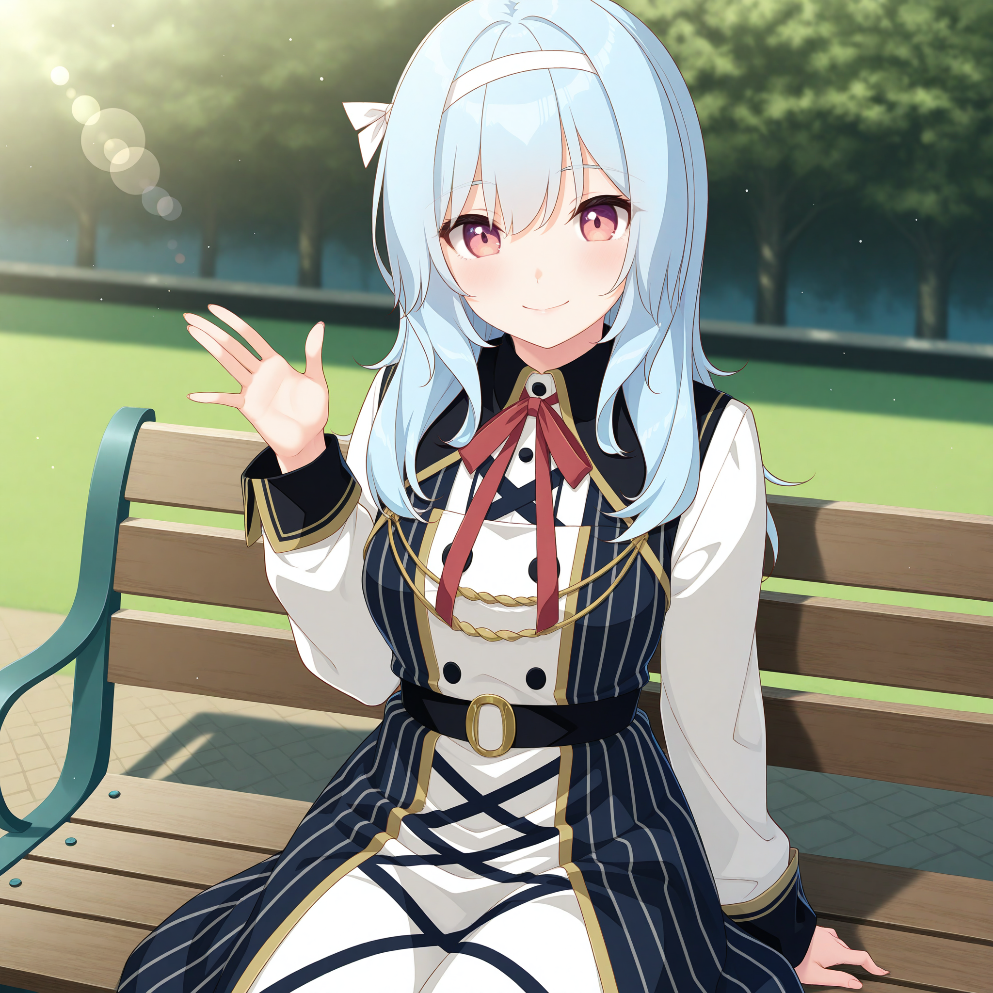 <lora:Karakuchi_Hibana_1_nai-000043:1>,Karakuchi Hibana,
white hairband,hair ribbon,white ribbon,long sleeves,official outfit,neck ribbon,red ribbon,striped dress,white dress,criss-cross strings,striped shirt,white sleeves,
BREAK
1girl,solo,smile,sitting,on bench,waving,front view,looking at viewer,depth of field,lens_flare,
