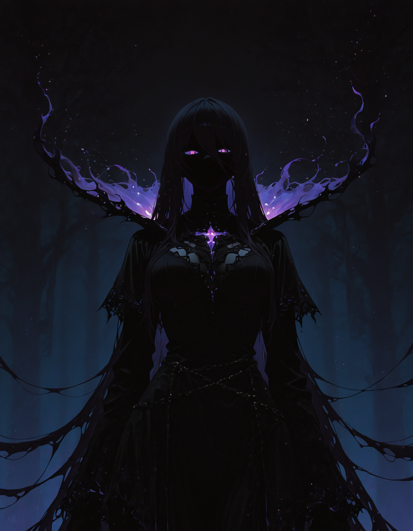 masterpiece, best quality, amazing quality, <lora:DarkFantasy_v3_Buns:0.55>, Shadow Binder, dark flowing attire, shadow tendrils, glowing violet sigils, moonless night, masterpiece, best quality, amazing quality